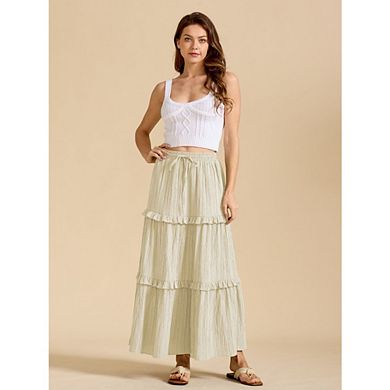 Women's High Waisted Tiered Maxi Skirt - Boho Flowy Drawstring A-Line Beach Skirt