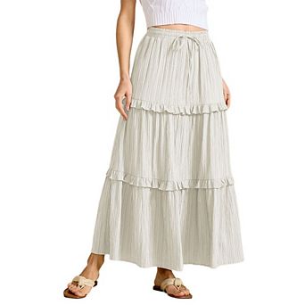 Women's High Waisted Tiered Maxi Skirt - Boho Flowy Drawstring A-Line Beach Skirt
