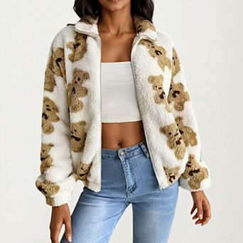 Women's Zip-Up Teddy Print High Pile Fleece Jacket with Long Sleeves and Relaxed Fit