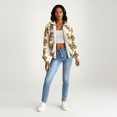 Women's Zip-Up Teddy Print High Pile Fleece Jacket with Long Sleeves and Relaxed Fit