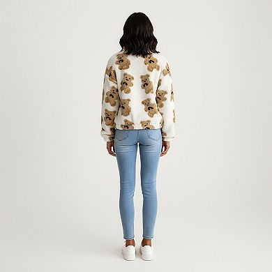 Women's Zip-Up Teddy Print High Pile Fleece Jacket with Long Sleeves and Relaxed Fit