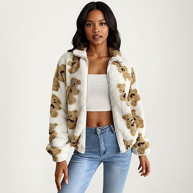 Women's Zip-Up Teddy Print High Pile Fleece Jacket with Long Sleeves and Relaxed Fit