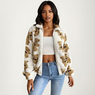 Women's Zip-Up Teddy Print High Pile Fleece Jacket with Long