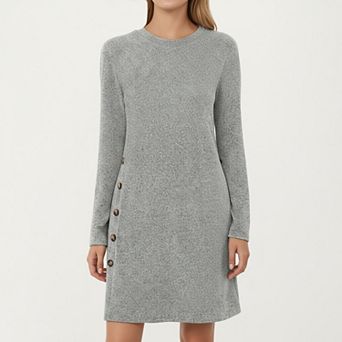 Women's Long Sleeve Knit Dress with Side Button Detail and Crew Neckline
