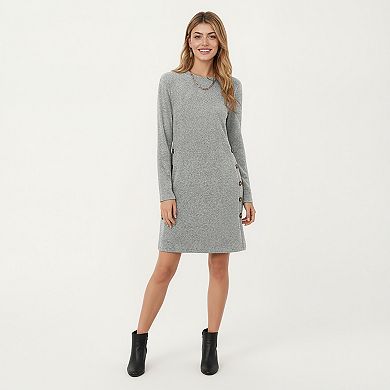 Women's Long Sleeve Knit Dress with Side Button Detail and Crew Neckline