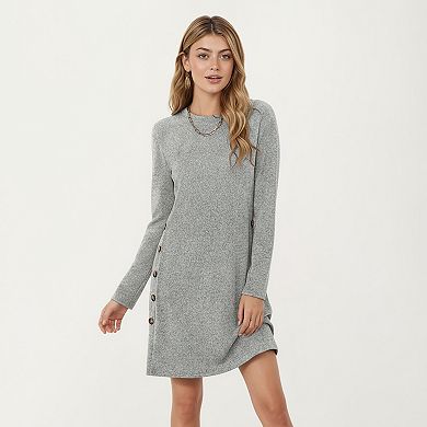 Women's Long Sleeve Knit Dress with Side Button Detail and Crew Neckline