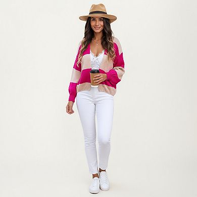 Women's Bold Stripe Knit Cardigan with Ribbed Hem and Balloon Sleeves