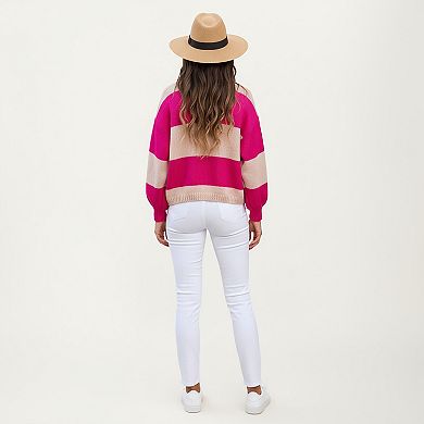 Women's Bold Stripe Knit Cardigan with Ribbed Hem and Balloon Sleeves