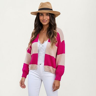 Women's Bold Stripe Knit Cardigan with Ribbed Hem and Balloon Sleeves