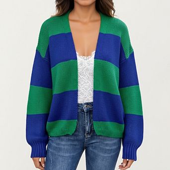 Women's Bold Stripe Knit Cardigan with Ribbed Hem and Balloon Sleeves