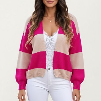 Women's Bold Stripe Knit Cardigan with Ribbed Hem and Balloon Sleeves