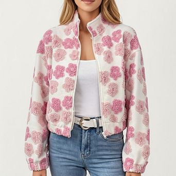 Women's Zip-Up Jacket with 3D Floral Pattern and Elastic Hem