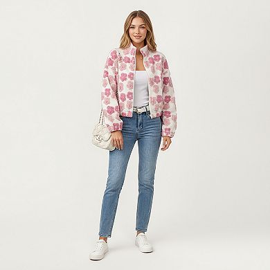 Women's Zip-Up Jacket with 3D Floral Pattern and Elastic Hem