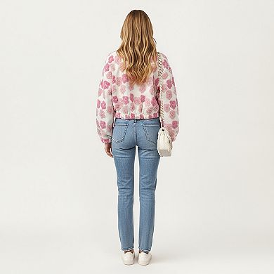 Women's Zip-Up Jacket with 3D Floral Pattern and Elastic Hem