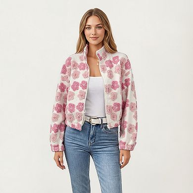 Women's Zip-Up Jacket with 3D Floral Pattern and Elastic Hem