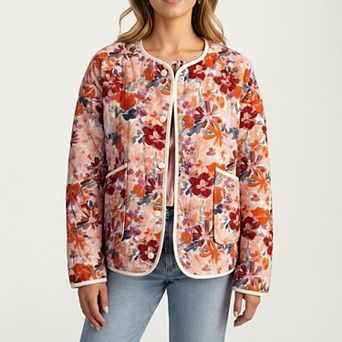 Women's Floral Print Button-Up Quilted Jacket with Front Pockets and Contrast Trim