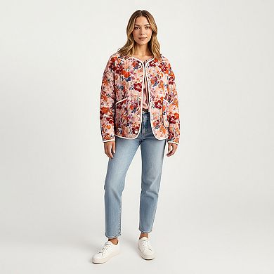 Women's Floral Print Button-Up Quilted Jacket with Front Pockets and Contrast Trim