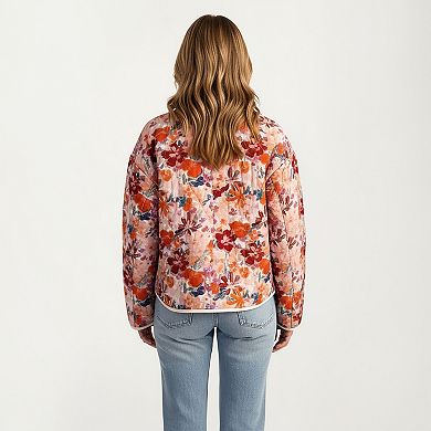 Women's Floral Print Button-Up Quilted Jacket with Front Pockets and Contrast Trim