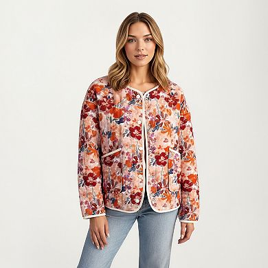 Women's Floral Print Button-Up Quilted Jacket with Front Pockets and Contrast Trim