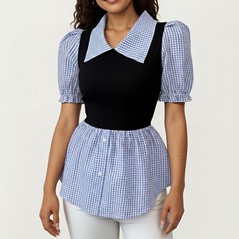 Women's Puff Sleeve Gingham Peplum Blouse with Knit Bodice and Wide Collar