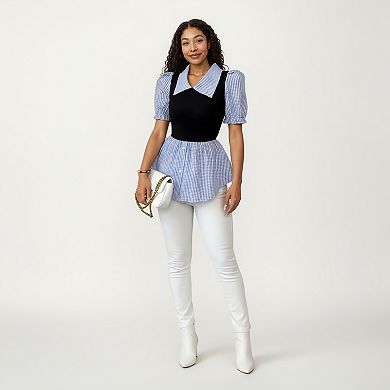 Women's Puff Sleeve Gingham Peplum Blouse with Knit Bodice and Wide Collar