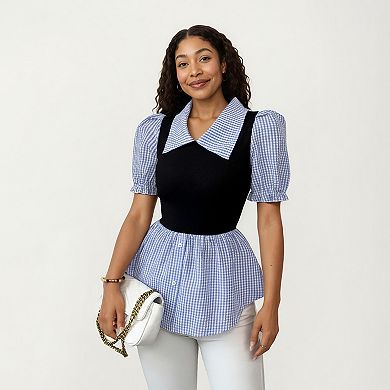 Women's Puff Sleeve Gingham Peplum Blouse with Knit Bodice and Wide Collar