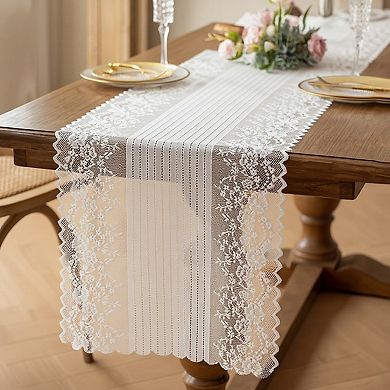 Floral Lace Table Runner with Scalloped Edges and Pom Pom Trim
