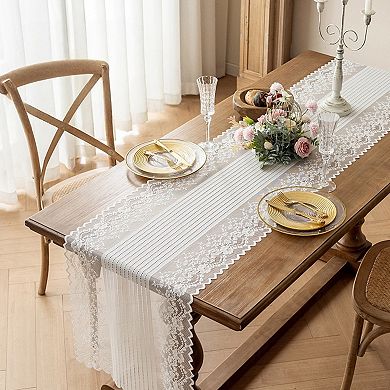 Floral Lace Table Runner with Scalloped Edges and Pom Pom Trim