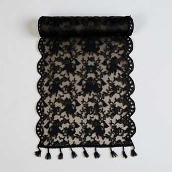 Floral Lace Table Runner with Scalloped Edges and Pom Pom Trim