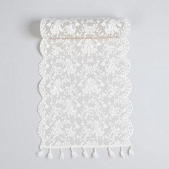 Floral Lace Table Runner with Scalloped Edges and Pom Pom Trim