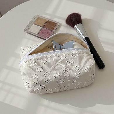 Embroidered Floral Quilted Cosmetic Bag with Zipper Closure
