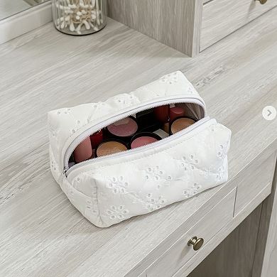 Embroidered Floral Quilted Cosmetic Bag with Zipper Closure
