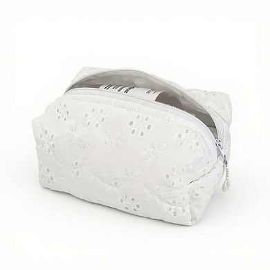 Embroidered Floral Quilted Cosmetic Bag with Zipper Closure