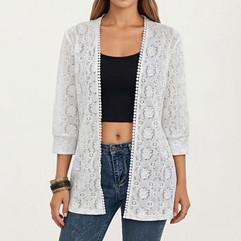 Women's 3/4 Sleeve Open Front Lace Kimono Cardigan with Floral Crochet Detailing