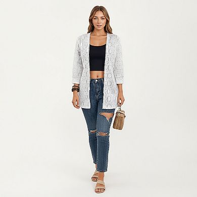 Women's 3/4 Sleeve Open Front Lace Kimono Cardigan with Floral Crochet Detailing