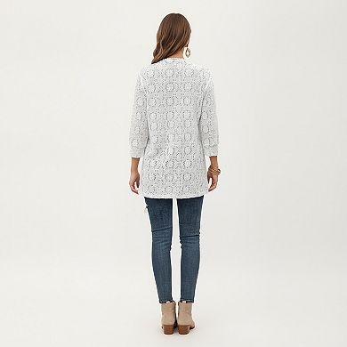 Women's 3/4 Sleeve Open Front Lace Kimono Cardigan with Floral Crochet Detailing