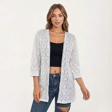 Women's 3/4 Sleeve Open Front Lace Kimono Cardigan with Floral Crochet Detailing