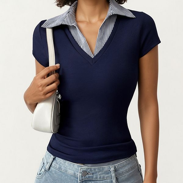 Women's Short Sleeve Knit Top with Striped Collar Insert and V