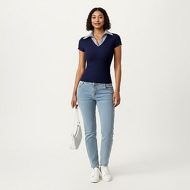 Women's Short Sleeve Knit Top with Striped Collar Insert and V-Neckline