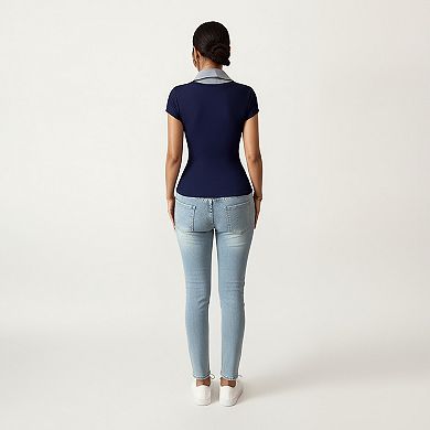 Women's Short Sleeve Knit Top with Striped Collar Insert and V-Neckline