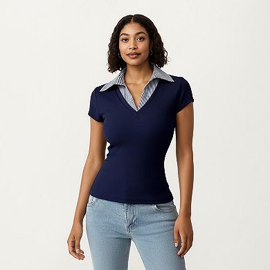 Women's Short Sleeve Knit Top with Striped Collar Insert and V-Neckline