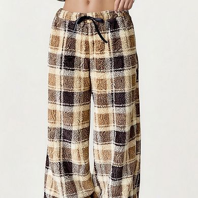 Women's Plaid Wide Leg Drawstring Lounge Pants with Elastic Waistband and Relaxed Fit