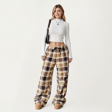 Women's Plaid Wide Leg Drawstring Lounge Pants with Elastic Waistband and Relaxed Fit