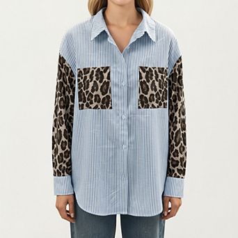 Women's Long Sleeve Button-Up Shirt with Leopard Print Sleeves and Striped Pattern
