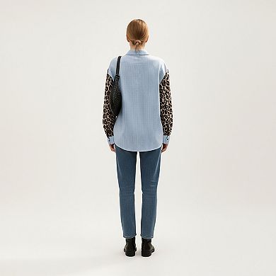 Women's Long Sleeve Button-Up Shirt with Leopard Print Sleeves and Striped Pattern