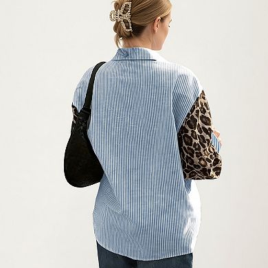 Women's Long Sleeve Button-Up Shirt with Leopard Print Sleeves and Striped Pattern