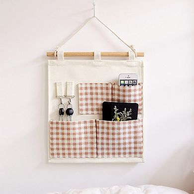 Hanging Wall Organizer with Gingham Pockets and Wooden Rod