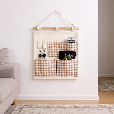 Hanging Wall Organizer with Gingham Pockets and Wooden Rod