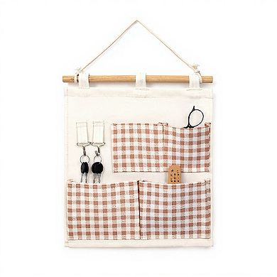 Hanging Wall Organizer with Gingham Pockets and Wooden Rod
