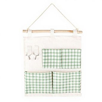 Hanging Wall Organizer with Gingham Pockets and Wooden Rod